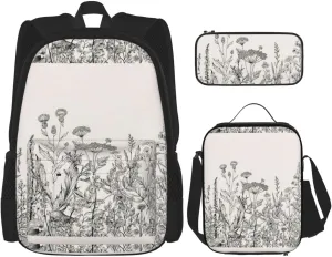 Floral Herbs Botanical Engraving Print Comfortable Adjustable Shoulder Casual Fashion Backpack Lunch Bag Pencil Case