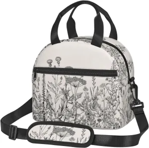 Floral Herbs Botanical Engraving Print Lunch Bag Adult Lunch Box for Women and Men with Adjustable Shoulder Adult Tote Bags