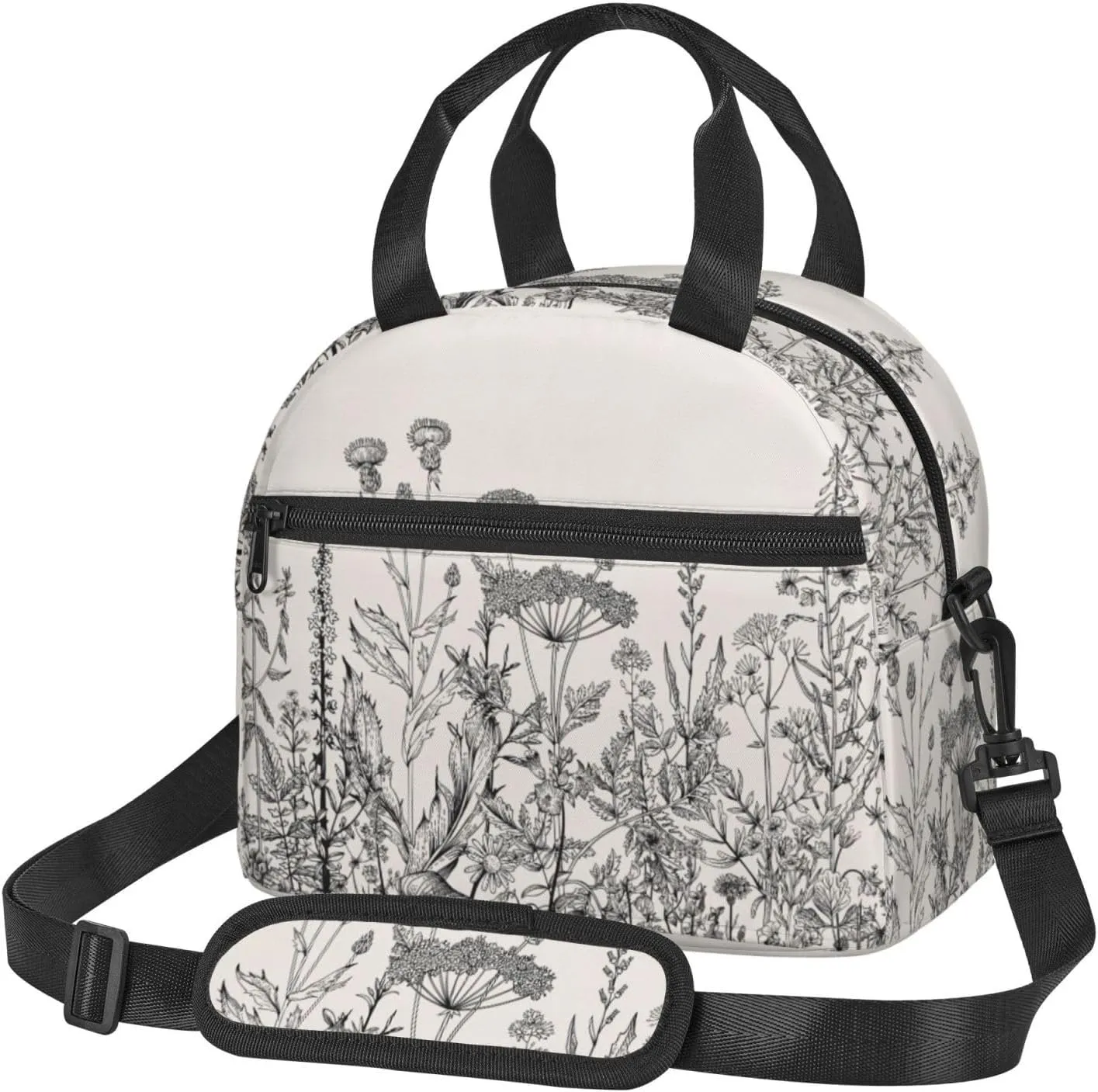 Floral Herbs Botanical Engraving Print Lunch Bag Adult Lunch Box for Women and Men with Adjustable Shoulder Adult Tote Bags