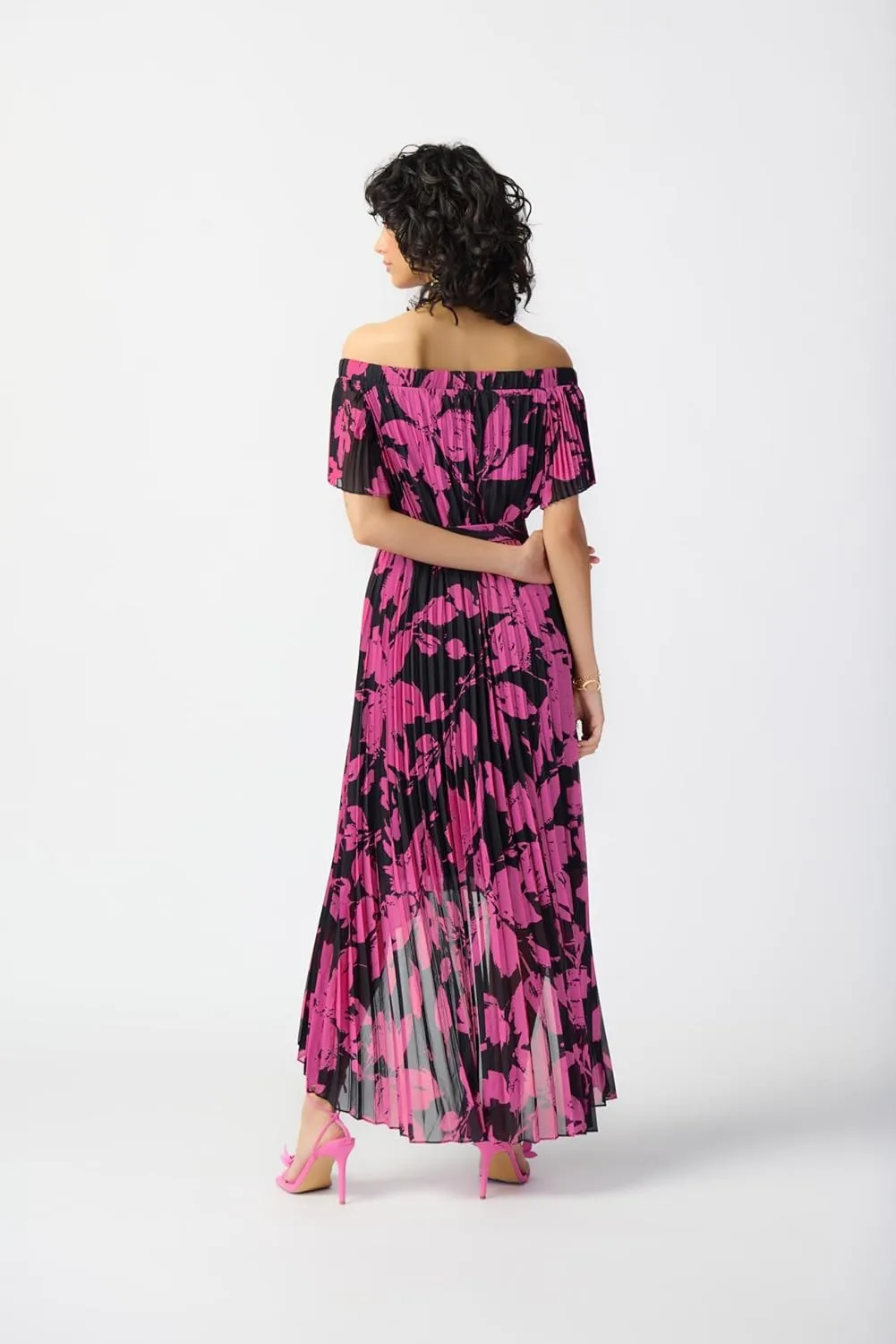 Floral Print Chiffon Off-Shoulder Pleated Dress Style 241908
