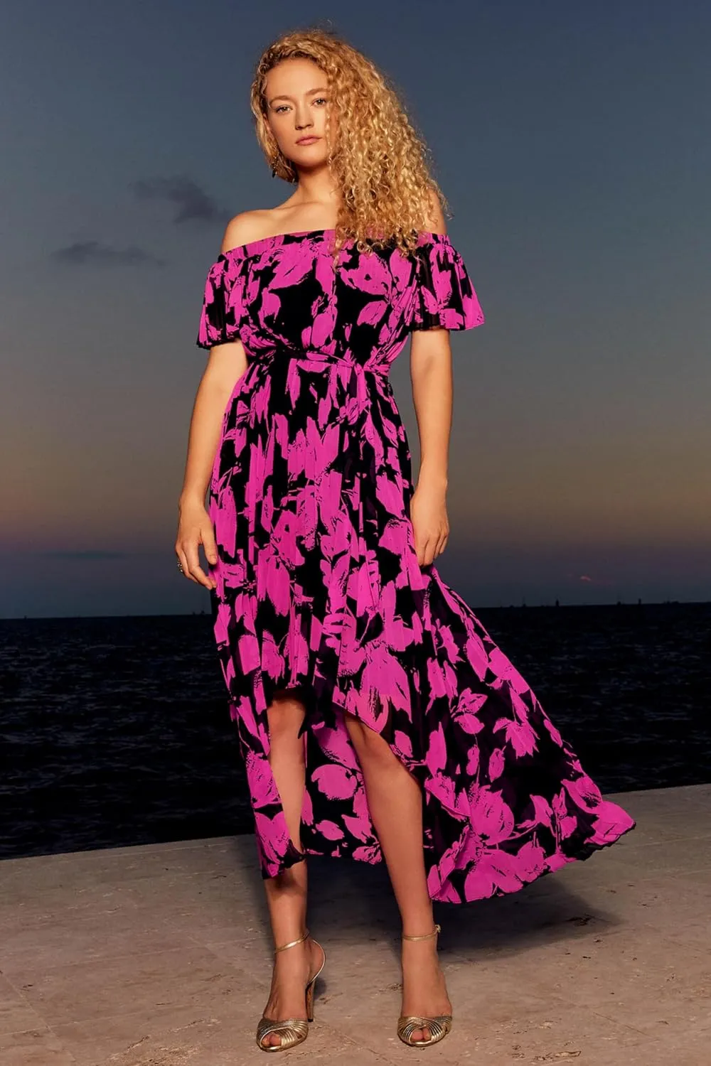 Floral Print Chiffon Off-Shoulder Pleated Dress Style 241908