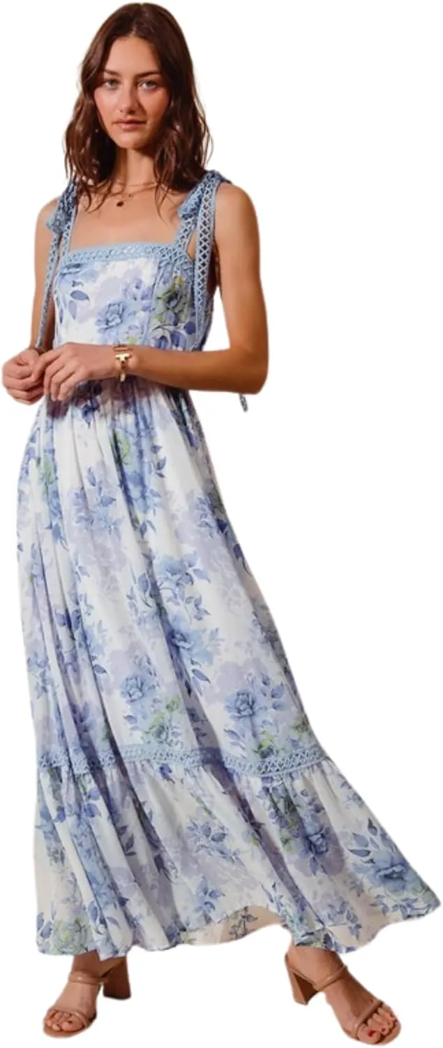 Floral Print Flowy Maxi Dress with Lace Ribbon Tie