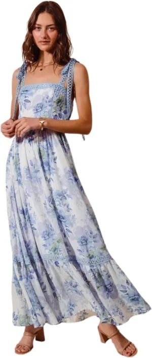 Floral Print Flowy Maxi Dress with Lace Ribbon Tie