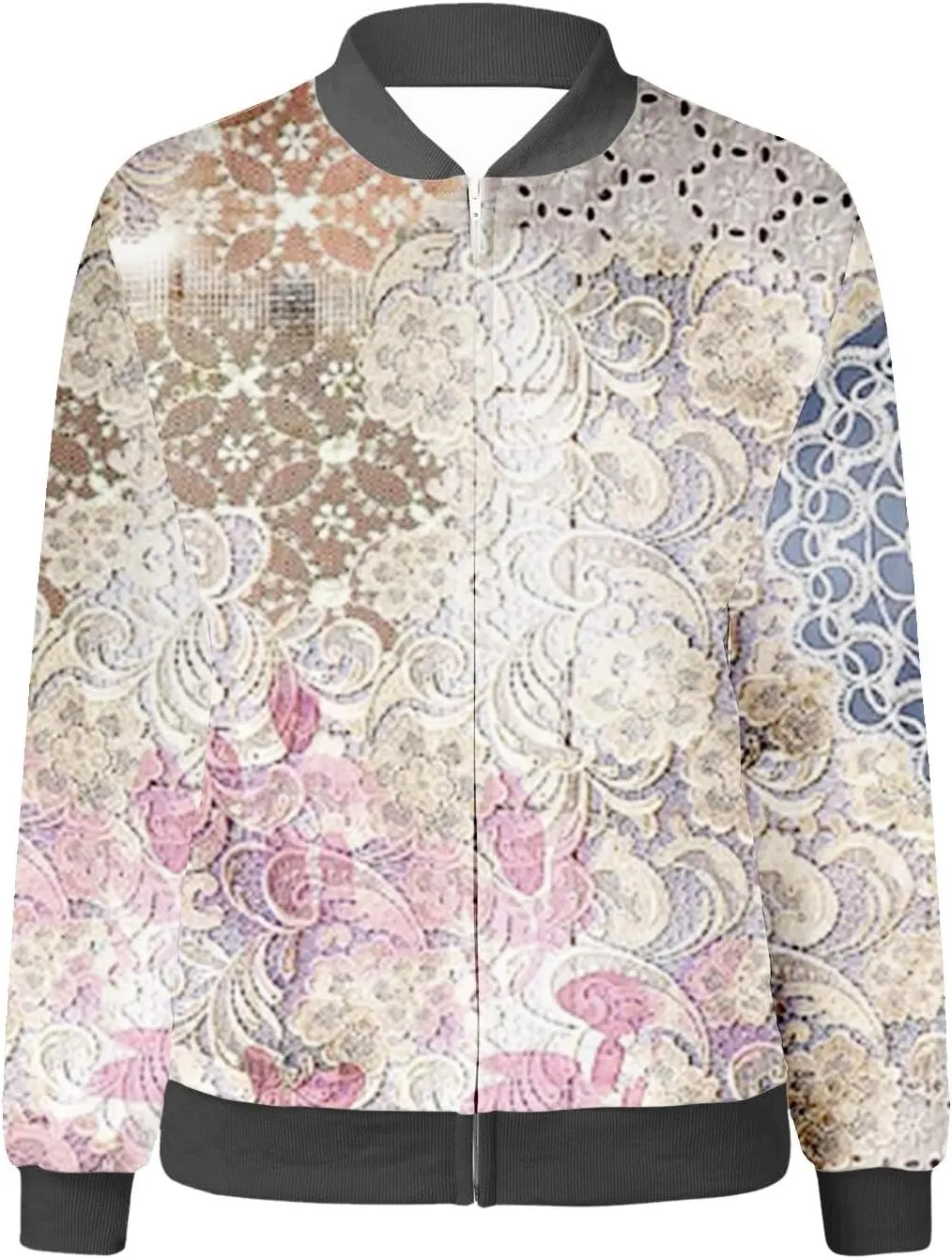 Floral Print Jackets for Women Fall Fashion 2024 Zip Up Y2K Coat Long Sleeve Stand Collar Lightweight