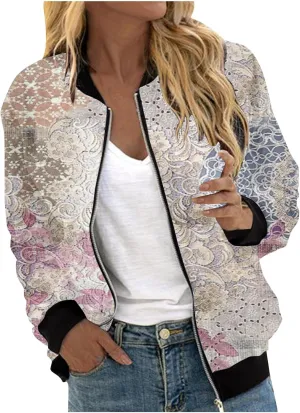 Floral Print Jackets for Women Fall Fashion 2024 Zip Up Y2K Coat Long Sleeve Stand Collar Lightweight