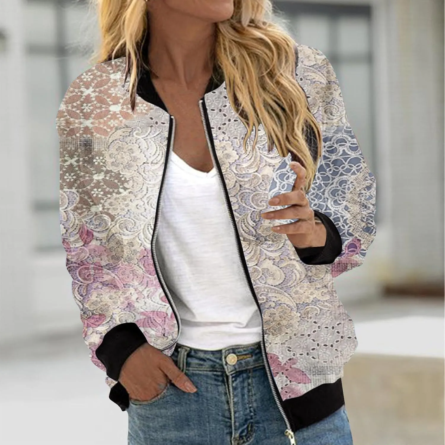 Floral Print Jackets for Women Fall Fashion 2024 Zip Up Y2K Coat Long Sleeve Stand Collar Lightweight