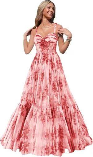 Floral Prom Dresses for Women Tiered Ruffle Long Formal Evening Gown