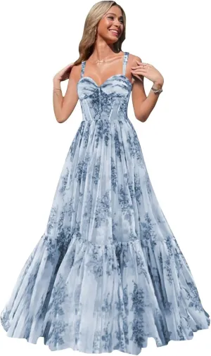 Floral Prom Dresses for Women Tiered Ruffle Long Formal Evening Gown
