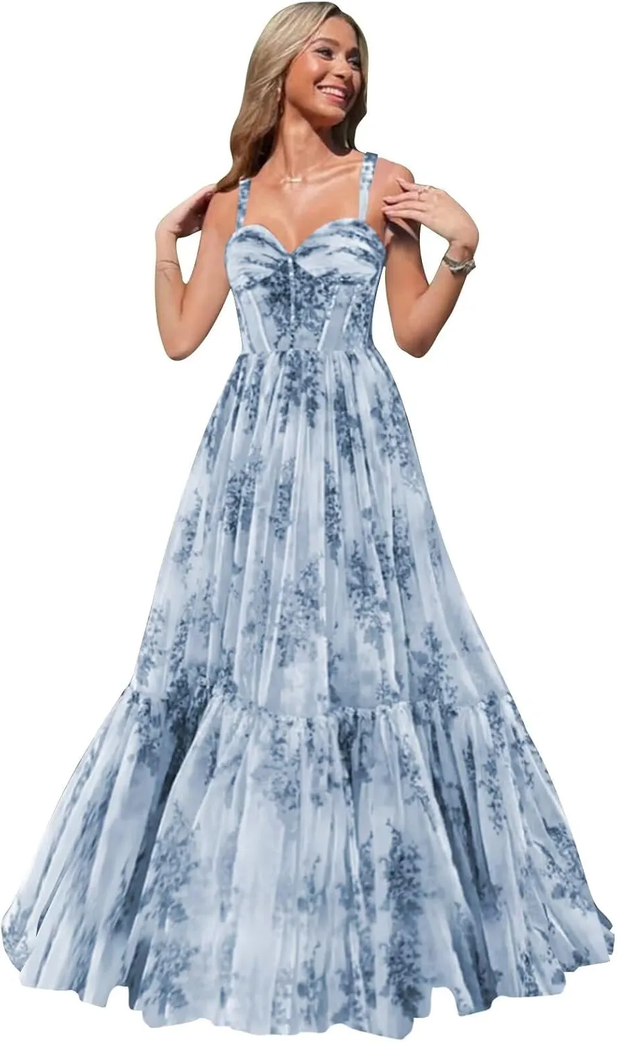 Floral Prom Dresses for Women Tiered Ruffle Long Formal Evening Gown