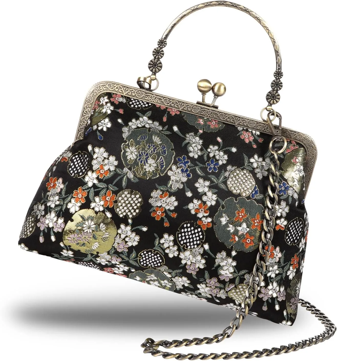 Floral Top-Handle Handbag, Kiss Lock Evening Bag for Women, Vintage Handbag