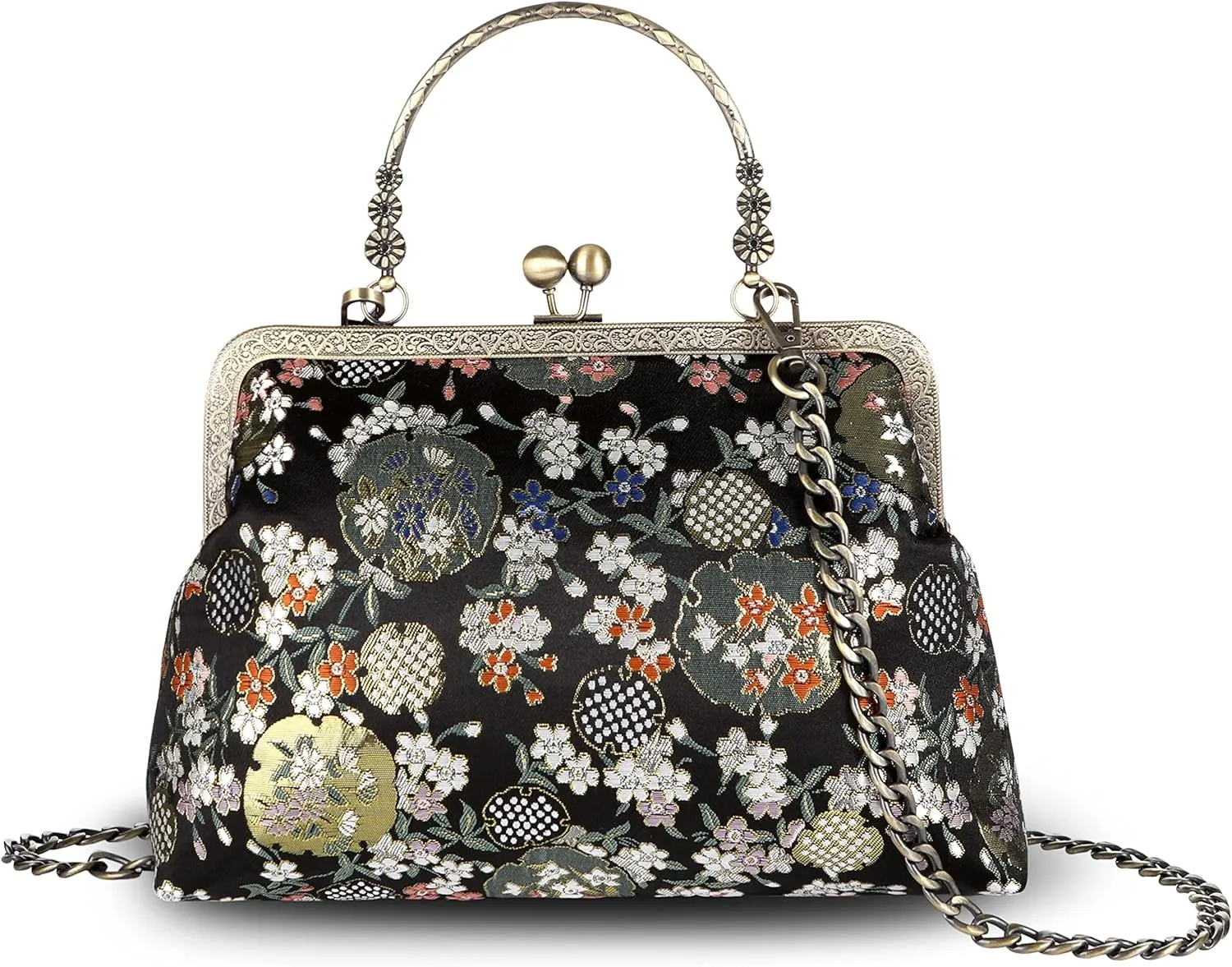 Floral Top-Handle Handbag, Kiss Lock Evening Bag for Women, Vintage Handbag