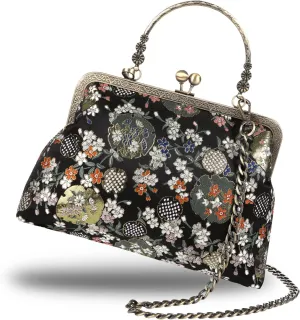 Floral Top-Handle Handbag, Kiss Lock Evening Bag for Women, Vintage Handbag