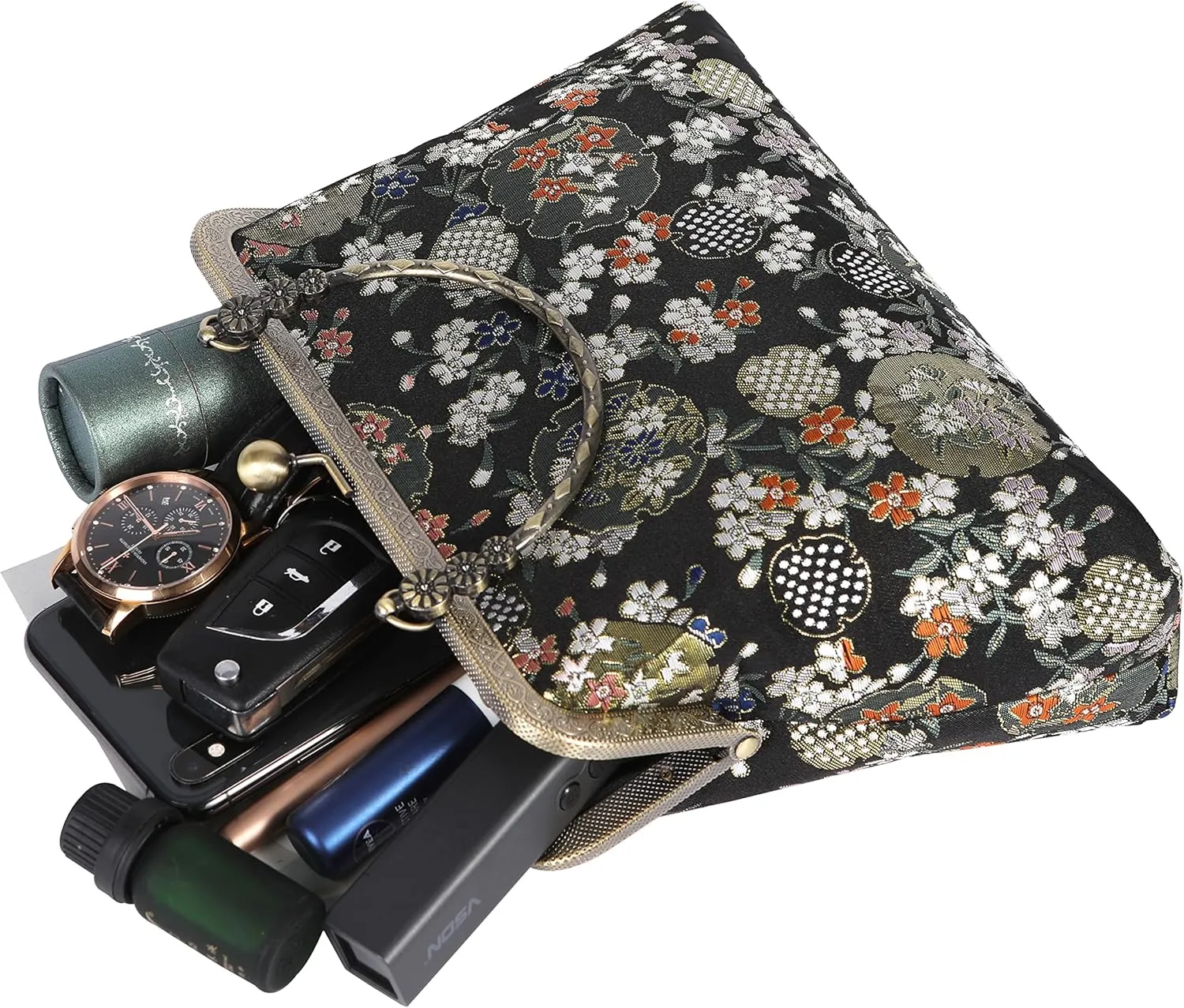 Floral Top-Handle Handbag, Kiss Lock Evening Bag for Women, Vintage Handbag