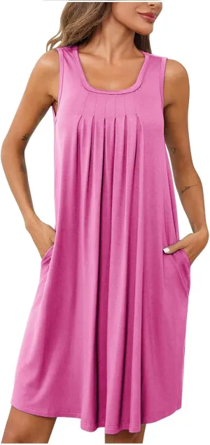 Flowy Dresses for Women Sleeveless Ruched Front T-Shirts Dress Halter Solid Casual Short Tank Sundress with Pockets