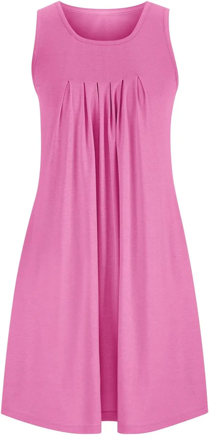 Flowy Dresses for Women Sleeveless Ruched Front T-Shirts Dress Halter Solid Casual Short Tank Sundress with Pockets