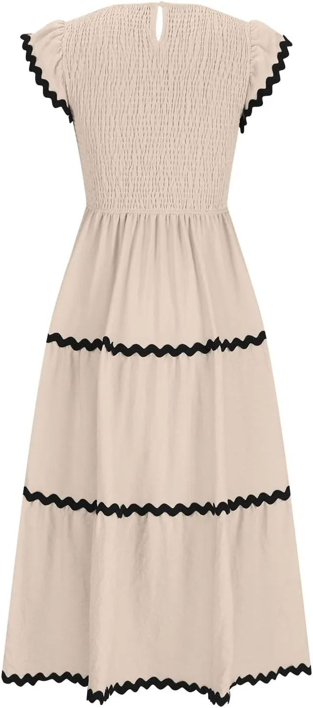 Flowy Dresses for Women,Ruffle Sleeve Spring Dresses High Waist A-Line Tiered Midi Dresses Elegant Wedding Date Night