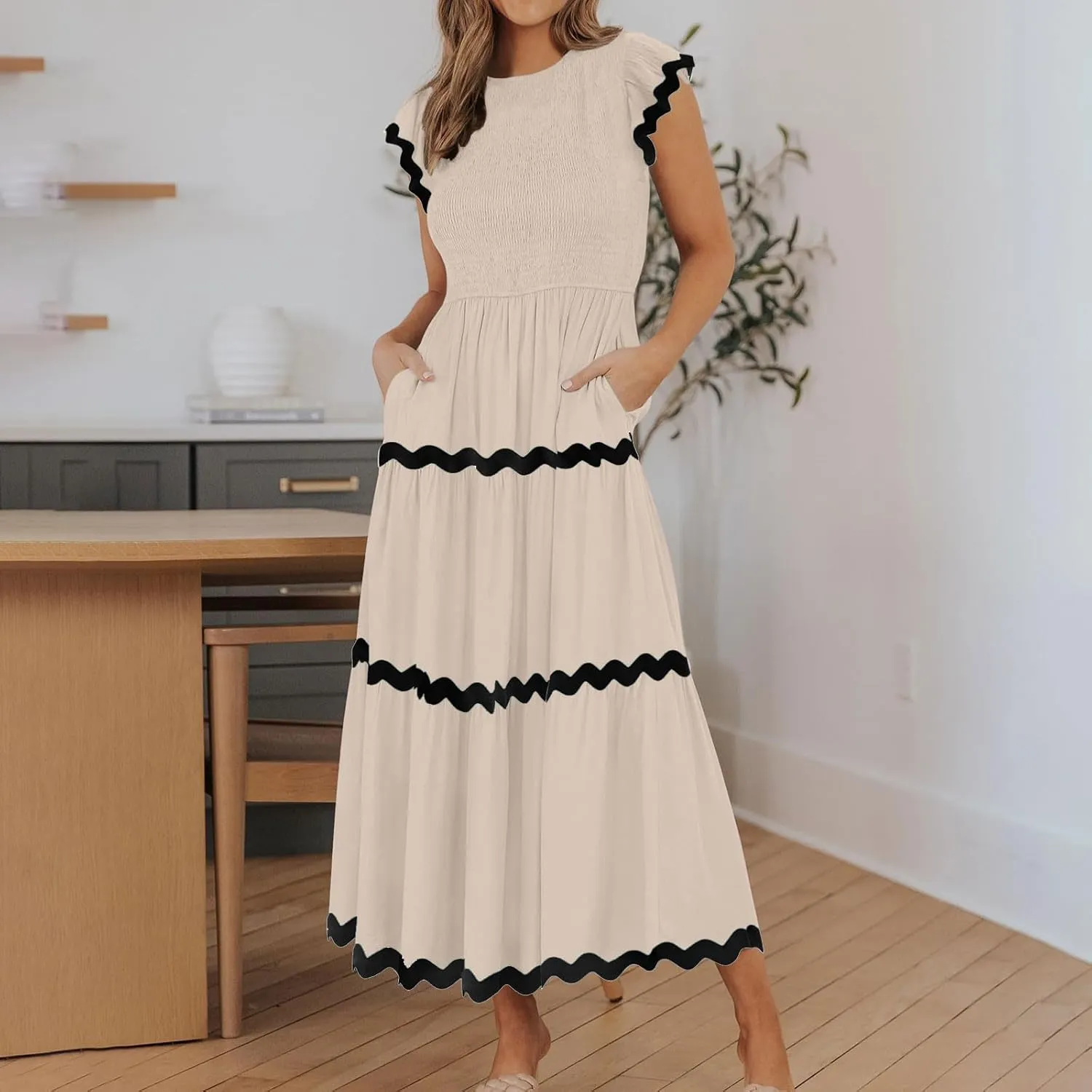 Flowy Dresses for Women,Ruffle Sleeve Spring Dresses High Waist A-Line Tiered Midi Dresses Elegant Wedding Date Night
