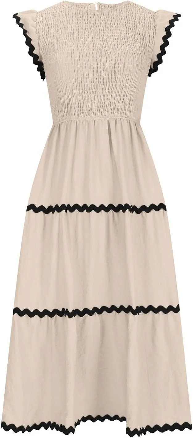 Flowy Dresses for Women,Ruffle Sleeve Spring Dresses High Waist A-Line Tiered Midi Dresses Elegant Wedding Date Night