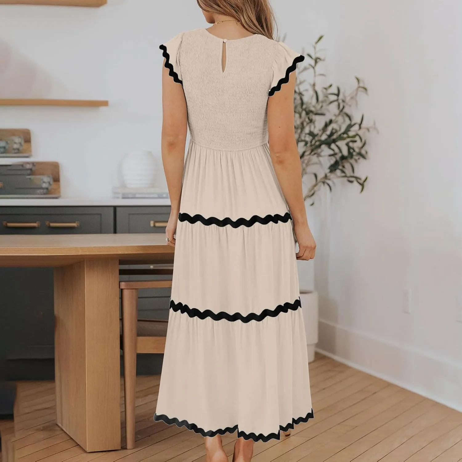 Flowy Dresses for Women,Ruffle Sleeve Spring Dresses High Waist A-Line Tiered Midi Dresses Elegant Wedding Date Night