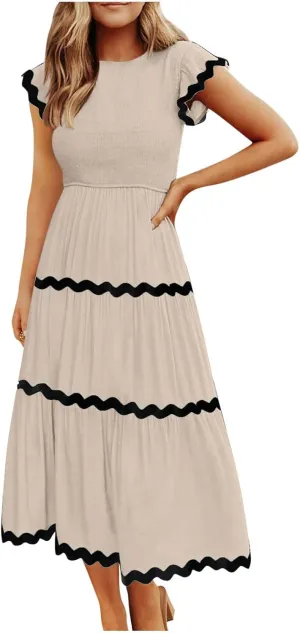 Flowy Dresses for Women,Ruffle Sleeve Spring Dresses High Waist A-Line Tiered Midi Dresses Elegant Wedding Date Night