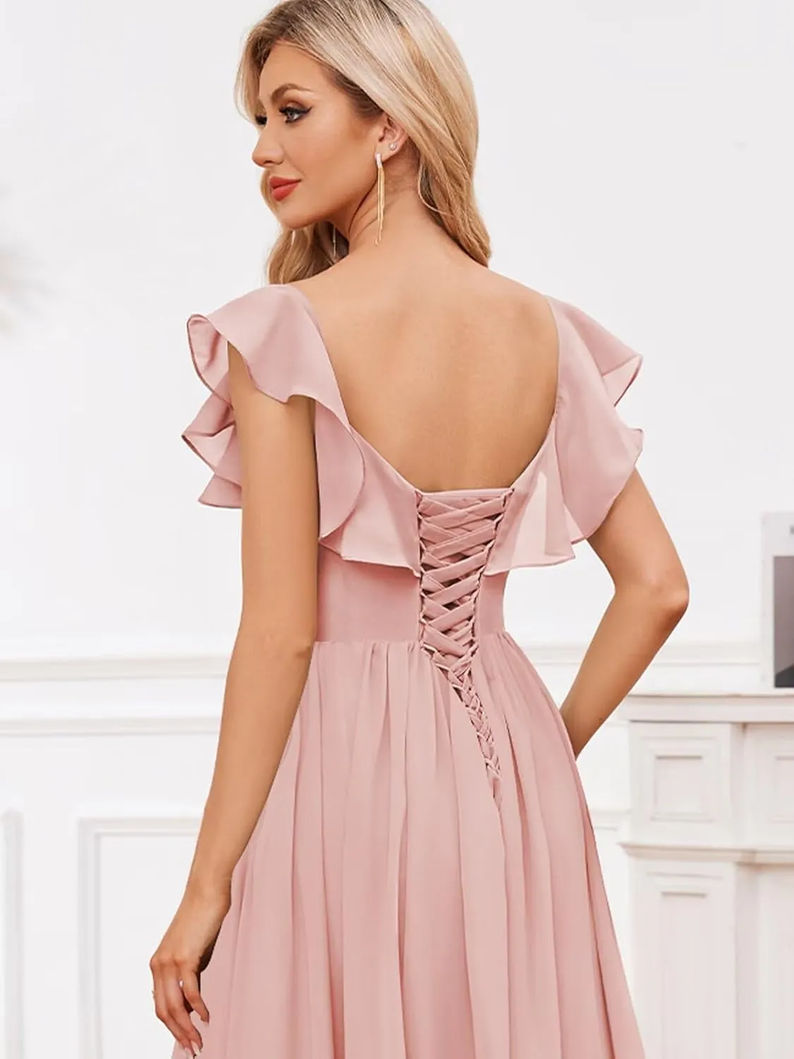 Flutter Sleeve Bridesmaid Dresses Long with Pockets A-Line V Neck Chiffon Formal Wedding Guest Dresses for Women