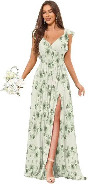Flutter Sleeve Bridesmaid Dresses Long with Pockets A-Line V Neck Chiffon Formal Wedding Guest Dresses for Women
