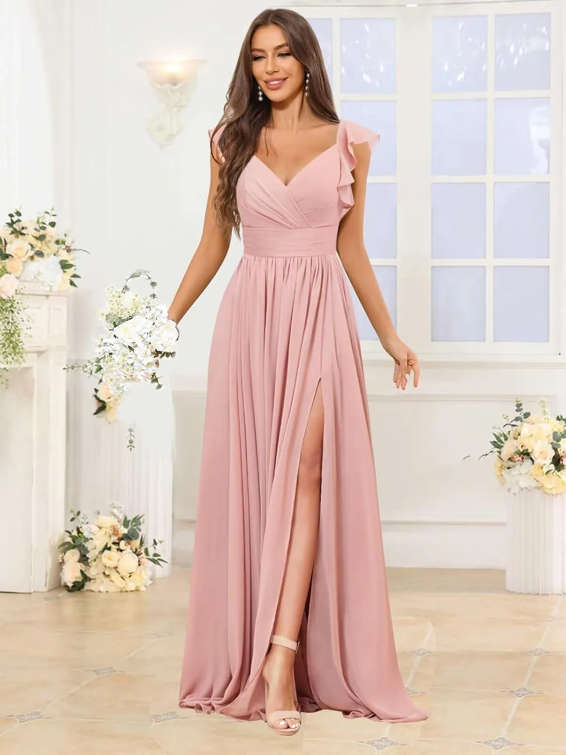 Flutter Sleeve Bridesmaid Dresses Long with Pockets A-Line V Neck Chiffon Formal Wedding Guest Dresses for Women