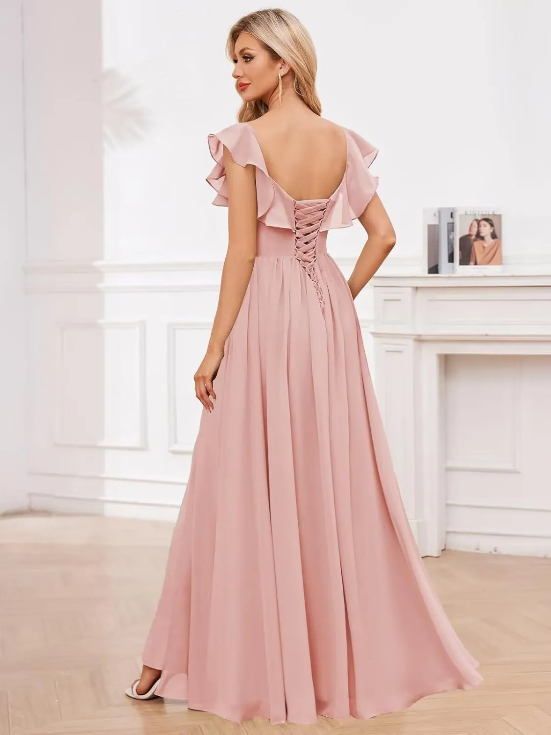 Flutter Sleeve Bridesmaid Dresses Long with Pockets A-Line V Neck Chiffon Formal Wedding Guest Dresses for Women