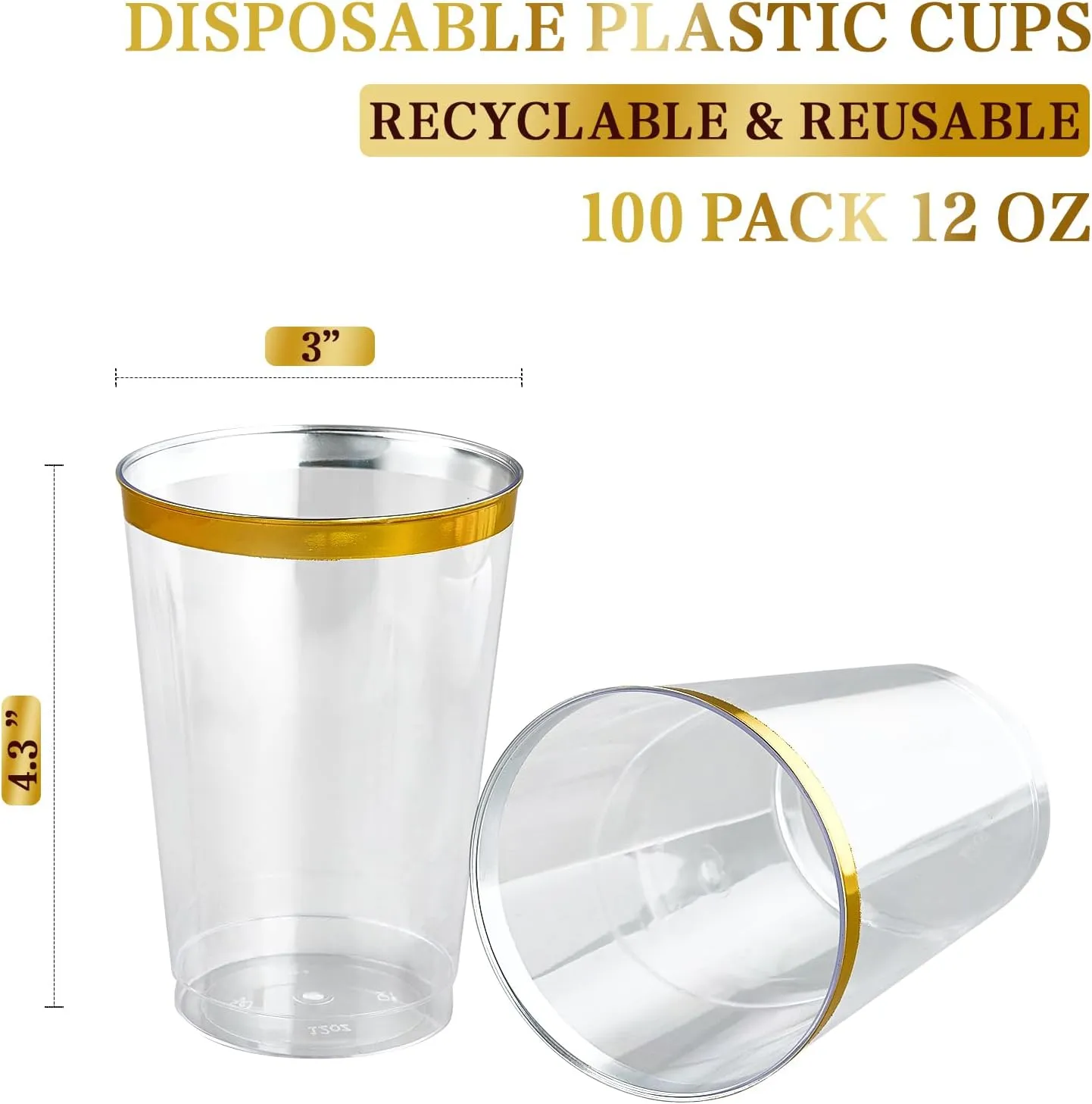 FOCUSLINE 100 Pack 12 oz Gold Rimmed Plastic Cups, 12 Ounce Clear Plastic Tumblers, Heavy-duty & Fancy Disposable Hard Cups with Gold Rim for Wedding