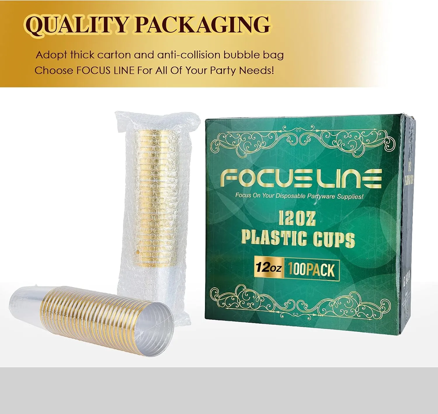 FOCUSLINE 100 Pack 12 oz Gold Rimmed Plastic Cups, 12 Ounce Clear Plastic Tumblers, Heavy-duty & Fancy Disposable Hard Cups with Gold Rim for Wedding