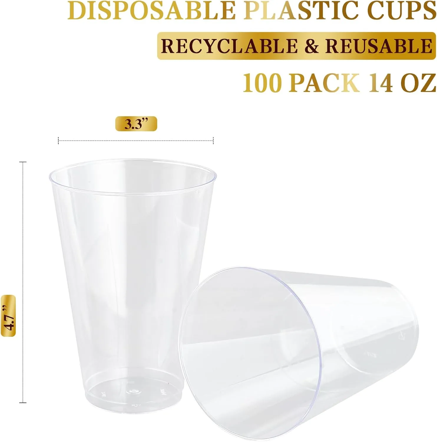 FOCUSLINE 100 Pack 14 oz Clear Plastic Cups, Disposable Cups Large Reusable Plastic Tumblers, Heavy-duty Clear Cups 14 Ounce for Wedding Party, Thanksgiving, Halloween, Christmas