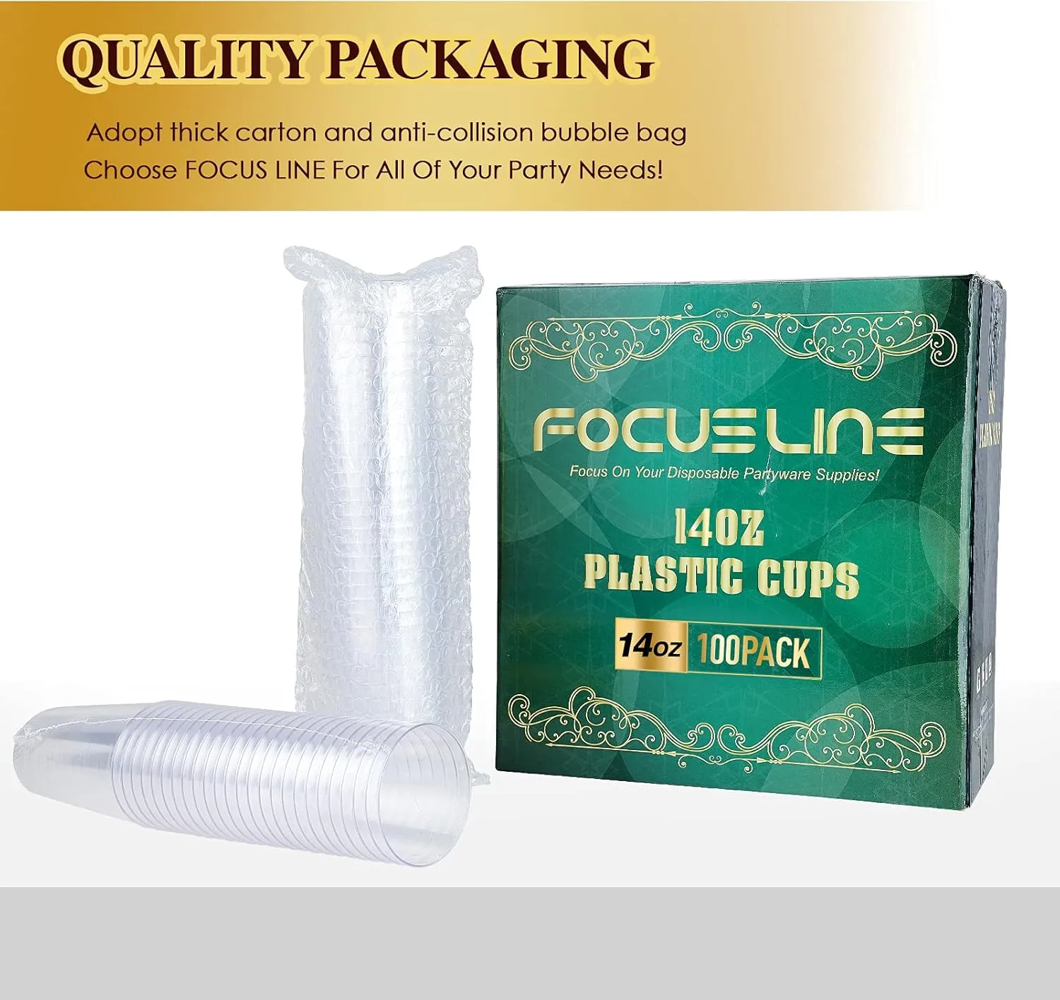 FOCUSLINE 100 Pack 14 oz Clear Plastic Cups, Disposable Cups Large Reusable Plastic Tumblers, Heavy-duty Clear Cups 14 Ounce for Wedding Party, Thanksgiving, Halloween, Christmas