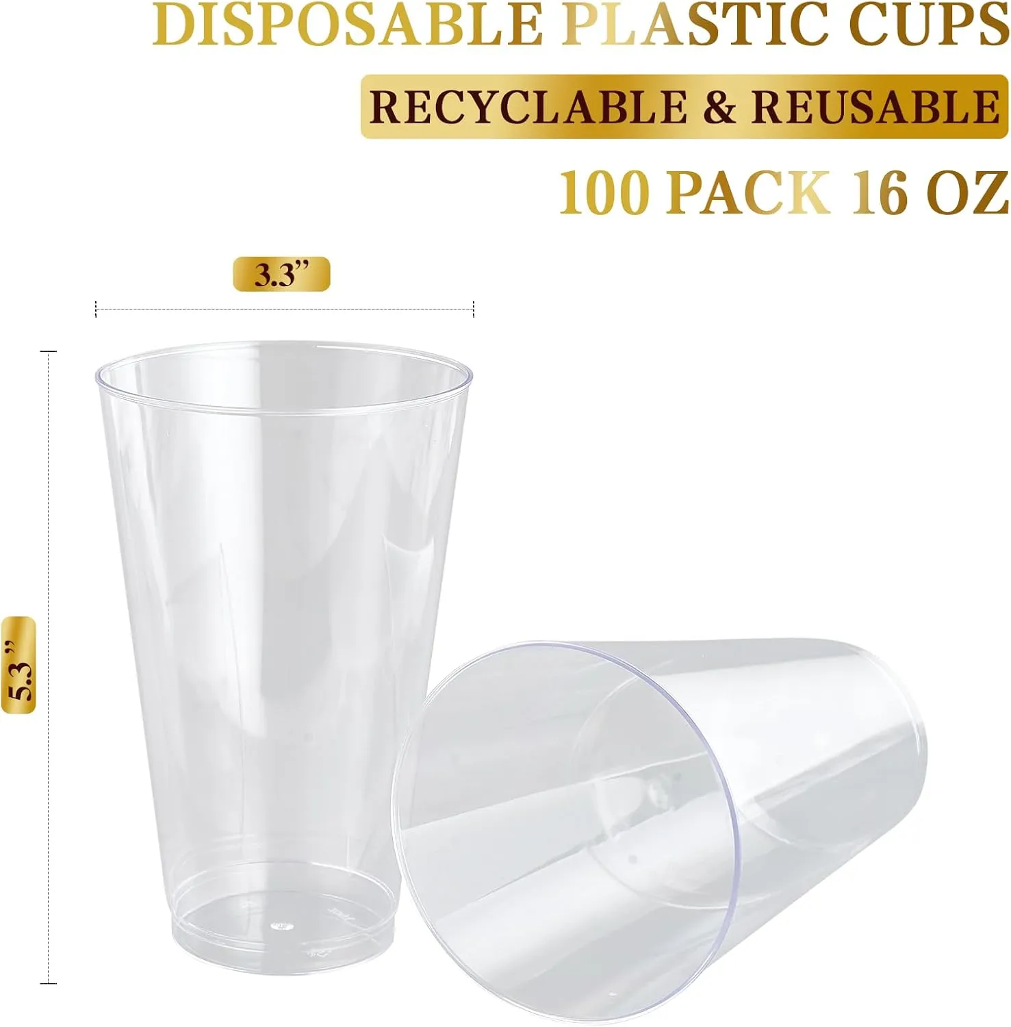 FOCUSLINE 100 Pack 16 oz Clear Plastic Cups, Disposable Cups Large Reusable Plastic Tumblers, Heavy-duty Clear Hard Cups 16 Ounce for Wedding Party, Thanksgiving, Halloween, Christmas