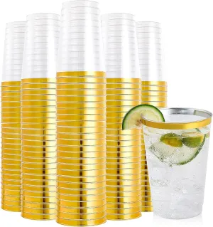 FOCUSLINE 200 Pack 12 oz Gold Rimmed Plastic Cups, Clear Plastic Cups Tumblers, Heavy-duty & Fancy Disposable Hard Cup 12 Ounce with Gold Rim for Wedding Cup Elegant Party Cups