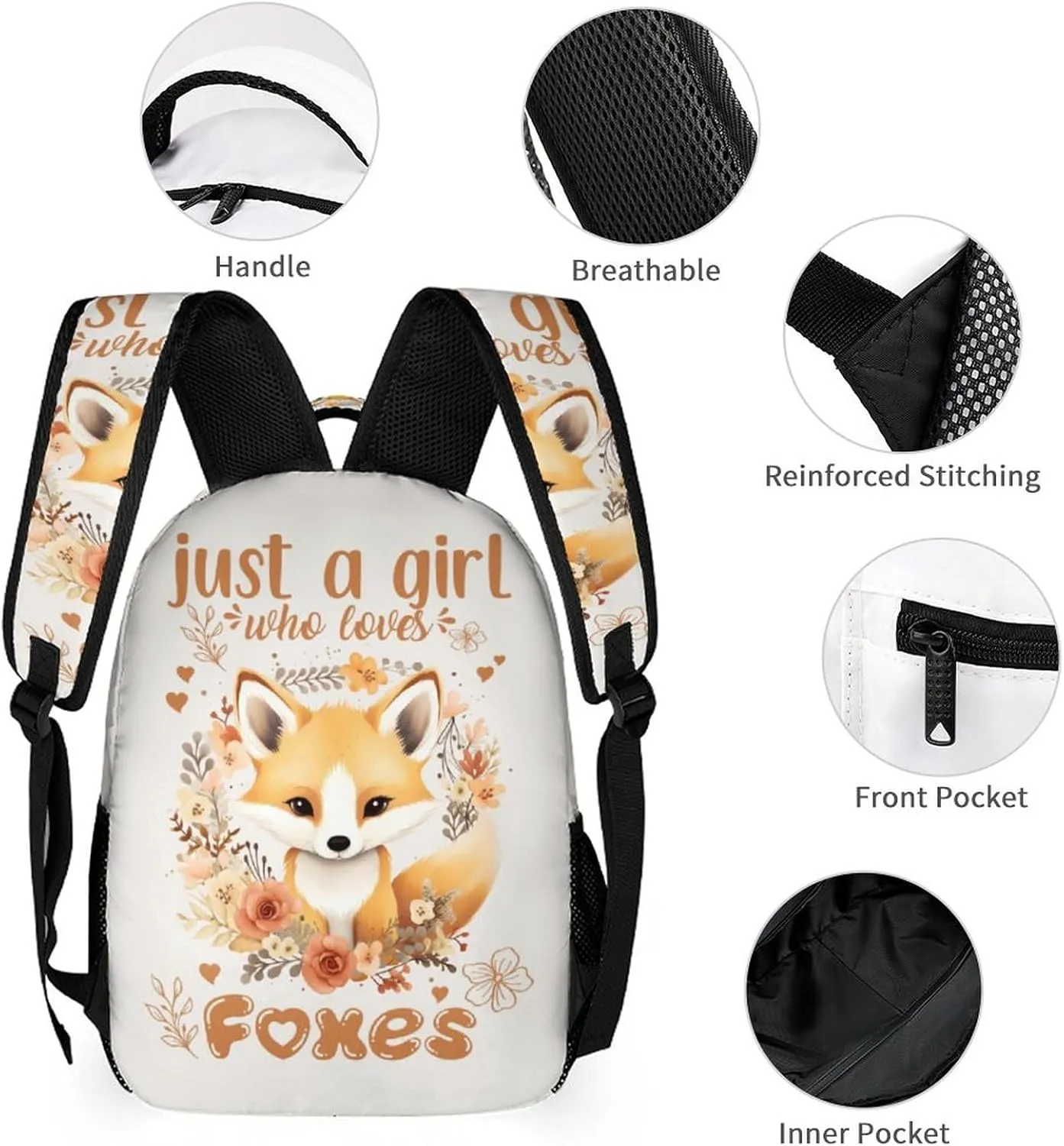 Fox Backpack for Kids Girls Boys School, 16 Inches Cute Foxes Theme Bookbag, Adjustable, Lightweight, Large Capacity, Colorful Daily Casual Animal Backpacks