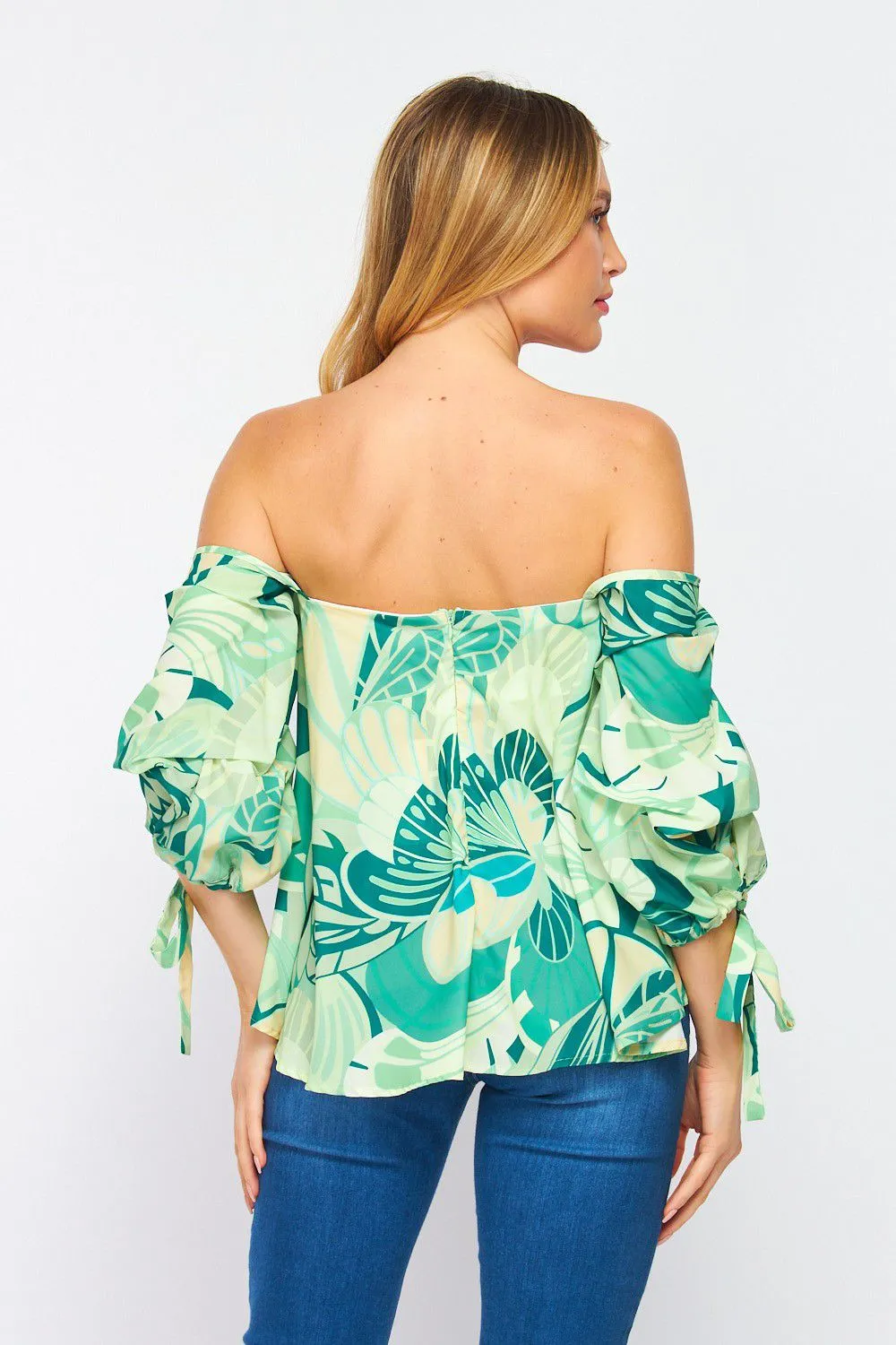 FST1990-STK Floral Stain Print Elbow Sleeve Off-Shoulder Top  6PK