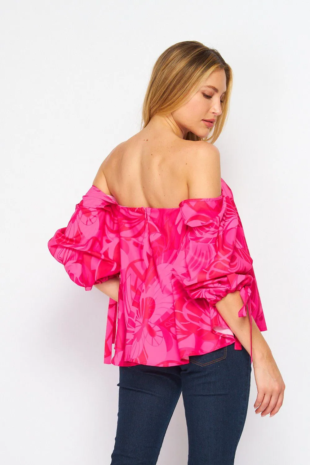 FST1990-STK Floral Stain Print Elbow Sleeve Off-Shoulder Top  6PK
