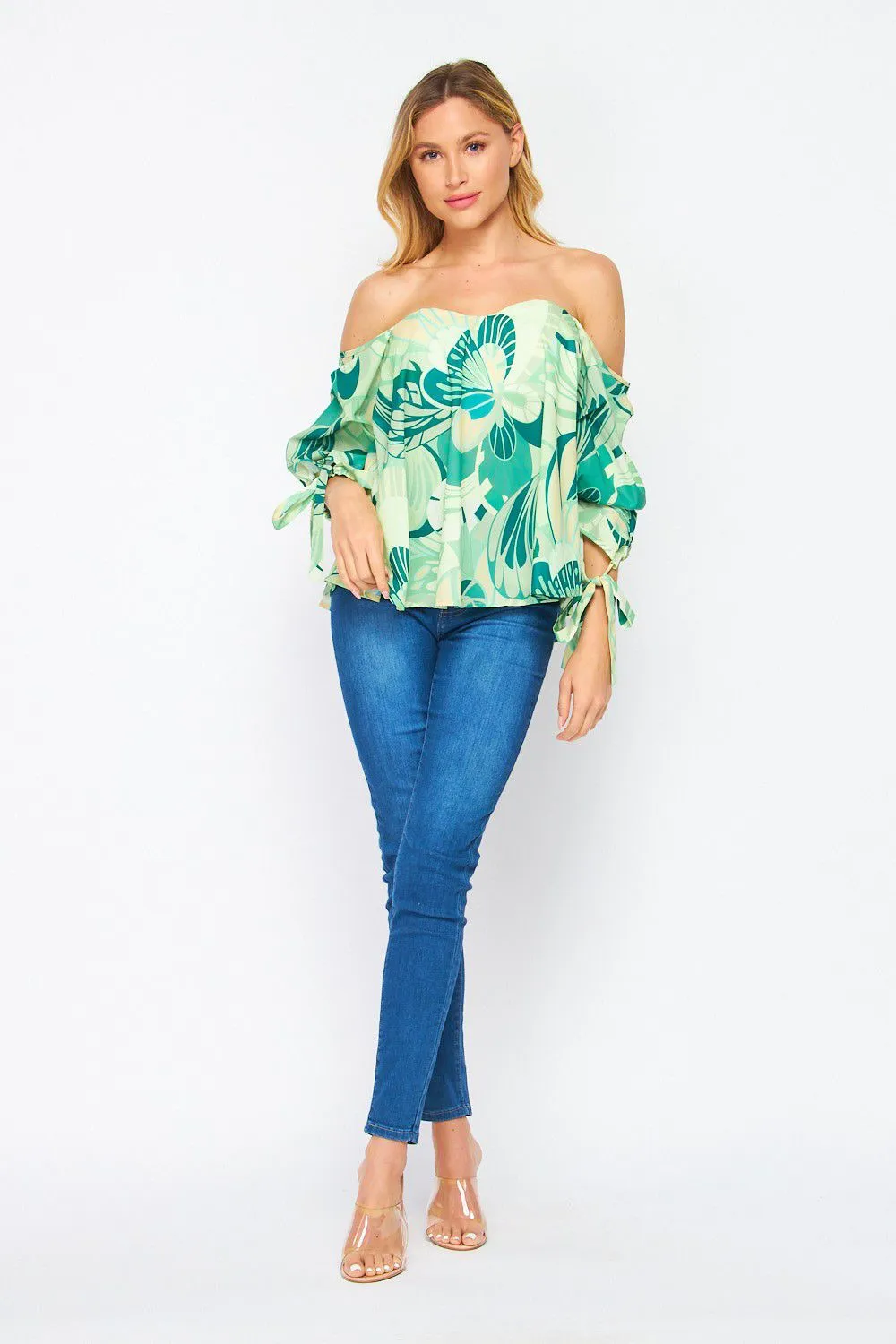 FST1990-STK Floral Stain Print Elbow Sleeve Off-Shoulder Top  6PK