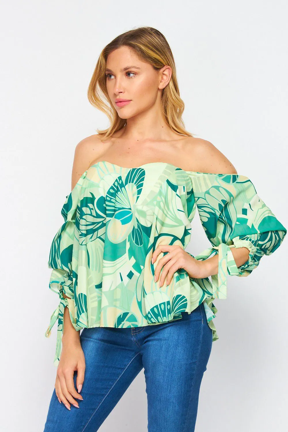 FST1990-STK Floral Stain Print Elbow Sleeve Off-Shoulder Top  6PK