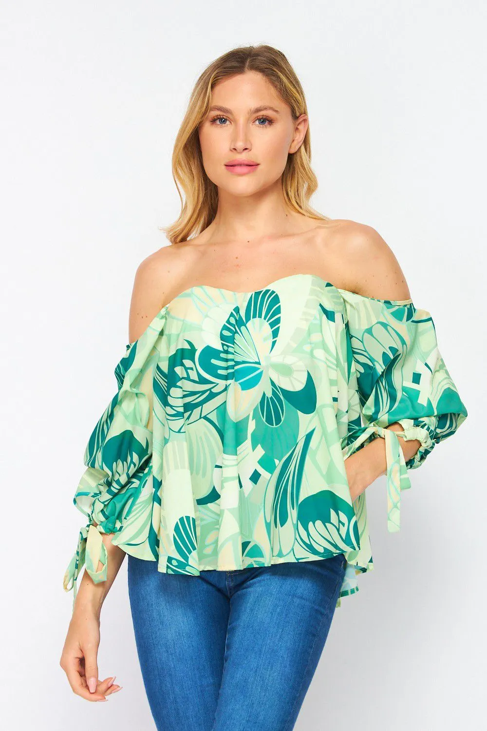 FST1990-STK Floral Stain Print Elbow Sleeve Off-Shoulder Top  6PK