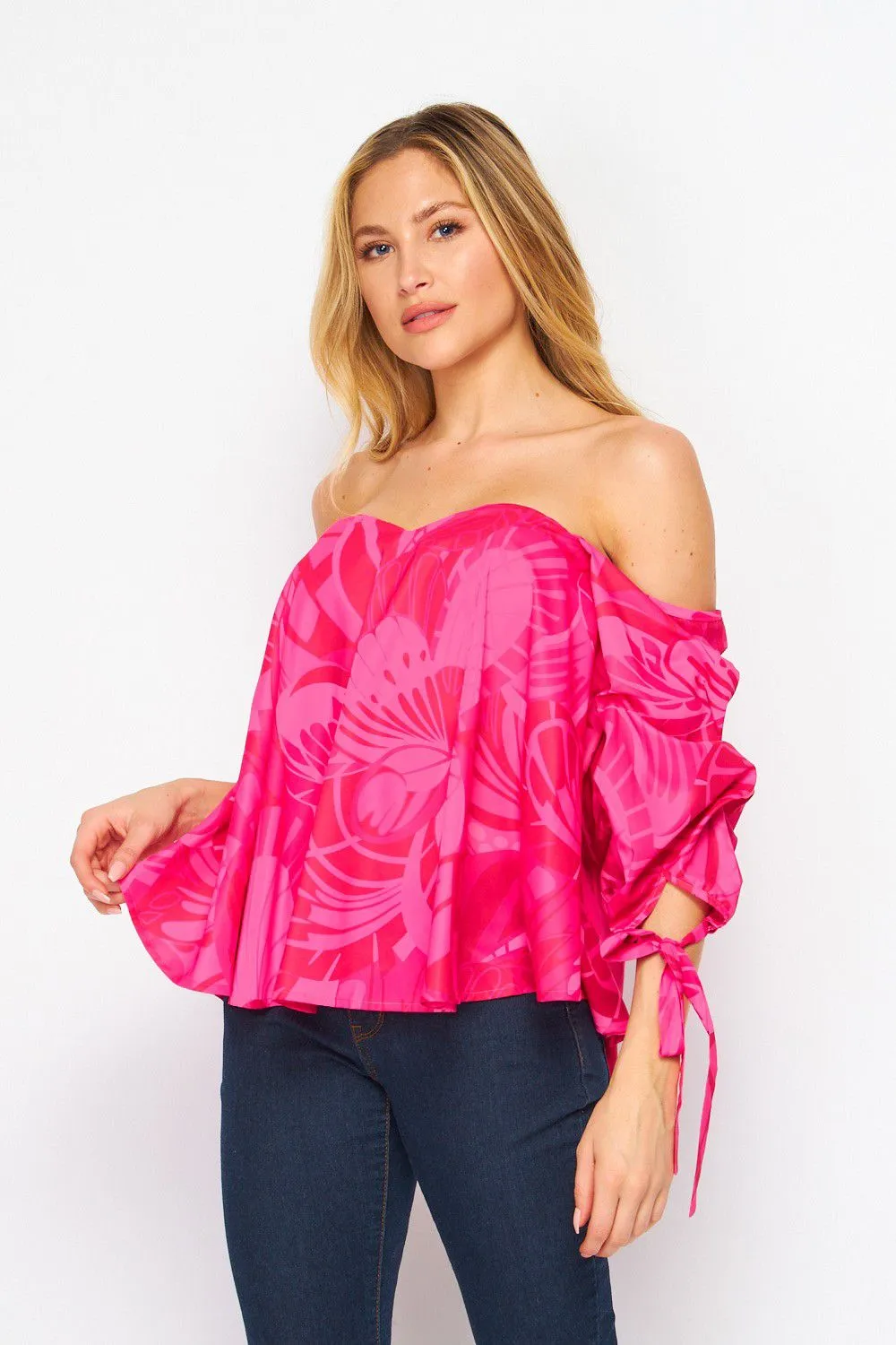 FST1990-STK Floral Stain Print Elbow Sleeve Off-Shoulder Top  6PK