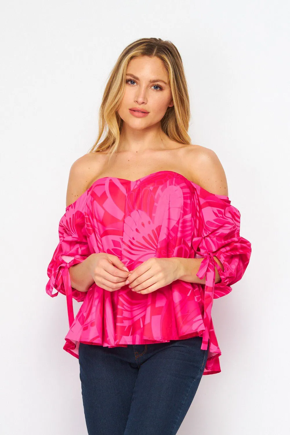 FST1990-STK Floral Stain Print Elbow Sleeve Off-Shoulder Top  6PK