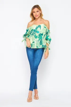 FST1990-STK Floral Stain Print Elbow Sleeve Off-Shoulder Top  6PK