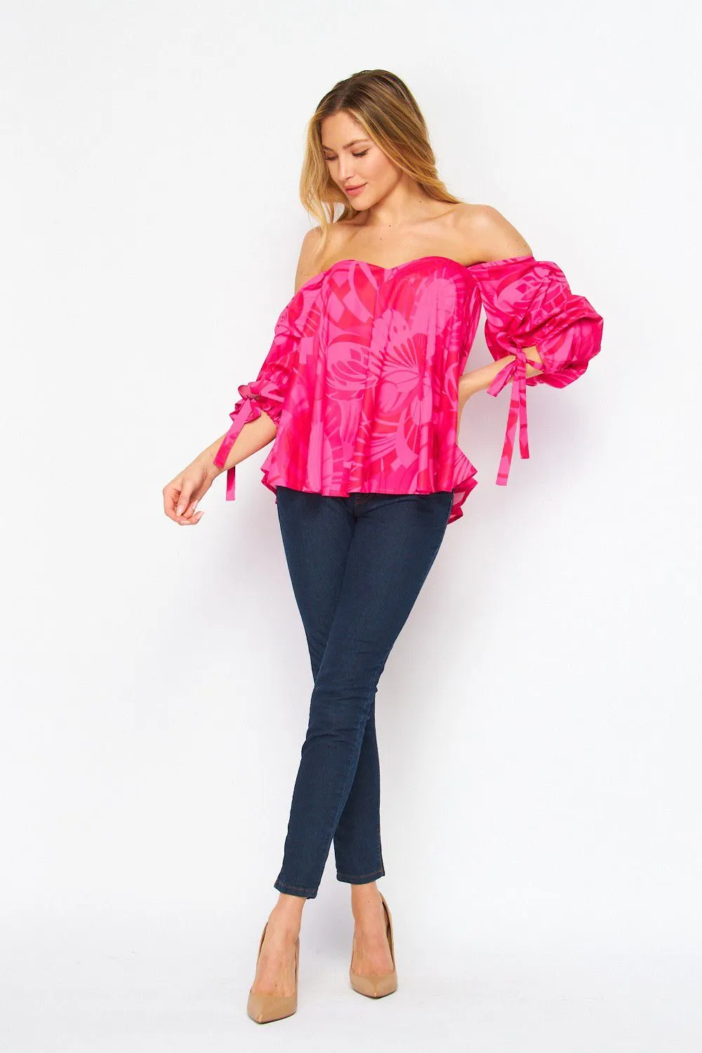 FST1990-STK Floral Stain Print Elbow Sleeve Off-Shoulder Top  6PK