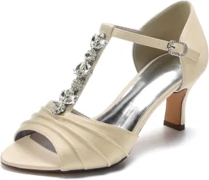 FufoneUS Women T-Strap Mid Heel Pumps Peep Toe Rhinestones Pleated Satin Evening Wedding Bridal Sandals,Champagne,10