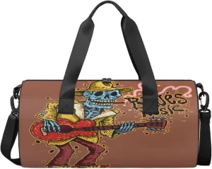 Funny Skeleton Playing Guitar Sports Duffel Bag, Gym Tote Bag Waterproof Weekender Travel Bag for Overnight Travel Luggage Workout Women Men