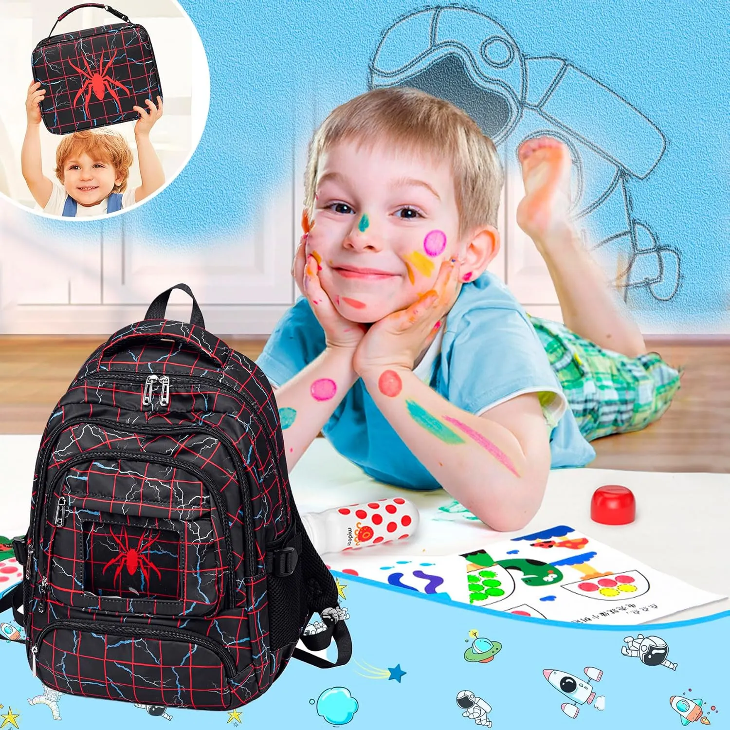FunnyGifts Boys Backpacks with Lunch Box for Kids School Bookbag with Lunch Bag for Elementary Kindergarten Preschool Sticker for Backpacks Mochila Para Niños 4 5 6 7 8 9 10 11 12