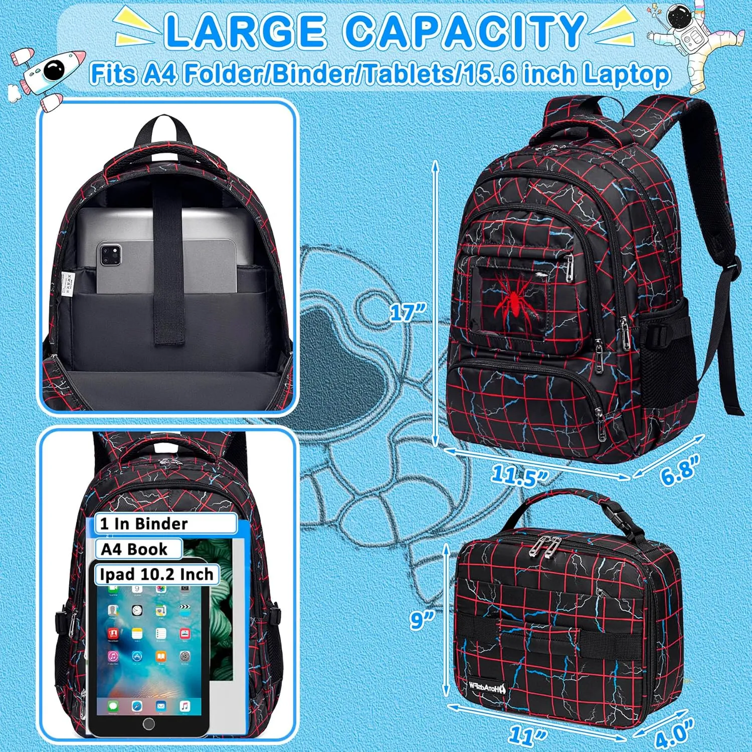 FunnyGifts Boys Backpacks with Lunch Box for Kids School Bookbag with Lunch Bag for Elementary Kindergarten Preschool Sticker for Backpacks Mochila Para Niños 4 5 6 7 8 9 10 11 12