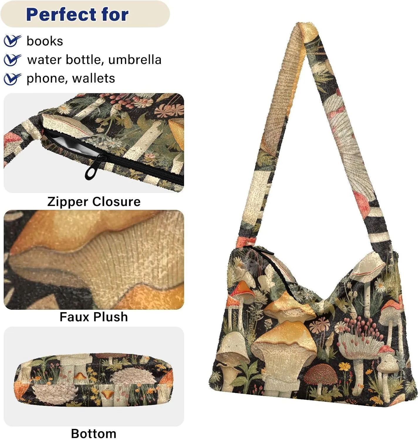 GAIGEO Colorful Forest Mushrooms Woman Shoulder Bag, Shoulder Bag for Women with Zipper, Womens Outdoor Bag