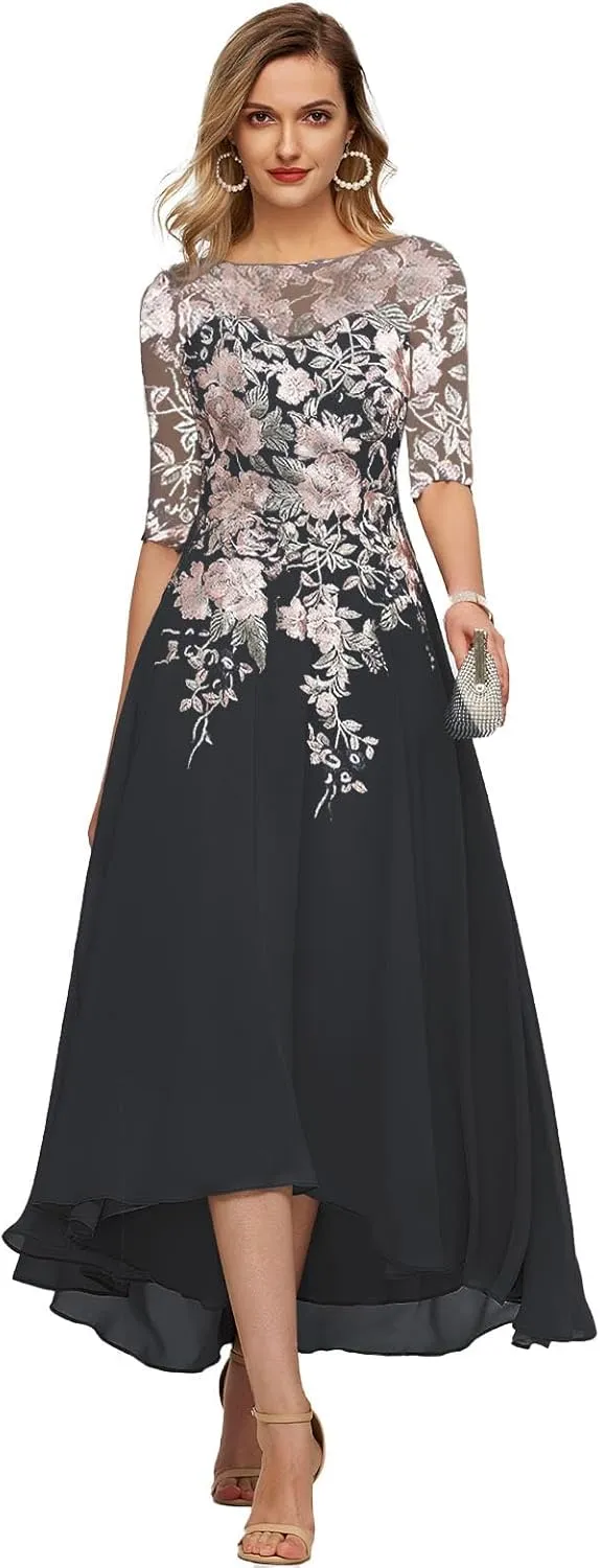 GARDOM Embroidery Midi Mother of The Bride Dresses for Wedding Tea Length Half Sleeve Lace Chiffon Formal Evening Gowns